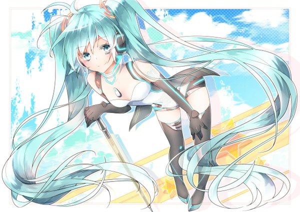 Anime picture 1228x868 with vocaloid hatsune miku sakuragi ren single twintails very long hair aqua eyes aqua hair girl thighhighs black thighhighs headphones bodysuit cane