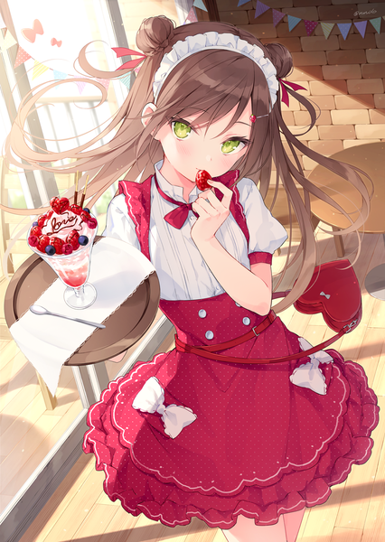Anime picture 1000x1407 with original rurudo single long hair tall image looking at viewer blush fringe hair between eyes brown hair standing holding green eyes signed indoors head tilt from above hair bun (hair buns) puffy sleeves twitter username