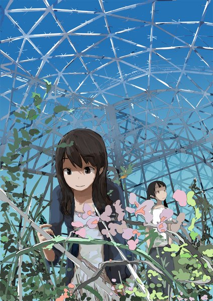 Anime picture 707x1000 with original keisan long hair tall image fringe black hair smile standing twintails multiple girls sky black eyes open clothes open jacket from below girl dress flower (flowers) 2 girls plant (plants)