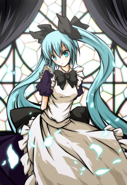 Anime picture 2370x3444 with vocaloid hatsune miku single long hair tall image blush highres open mouth twintails aqua eyes aqua hair maid alternate costume girl dress bow hair bow petals window bowtie
