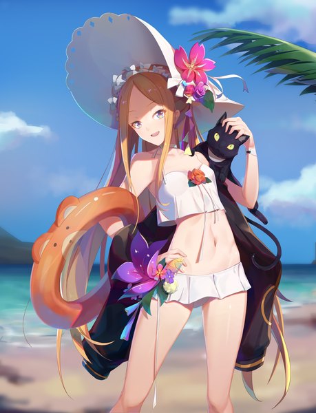 Anime picture 4070x5321 with fate (series) fate/grand order abigail williams (fate) abigail williams (swimsuit foreigner) (fate) ar (3779609928) single long hair tall image looking at viewer fringe highres open mouth blue eyes light erotic blonde hair smile standing payot absurdres sky