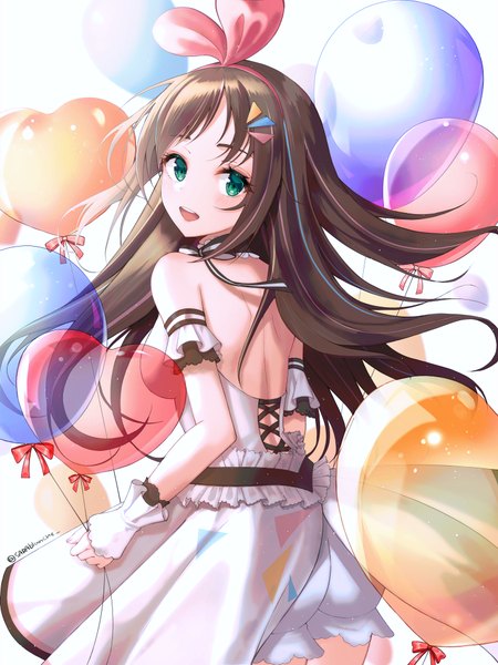 Anime picture 3000x4000 with virtual youtuber a.i. channel kizuna ai kizuna ai (anniversary) eunji0093 single long hair tall image looking at viewer blush fringe highres open mouth simple background smile brown hair standing white background bare shoulders holding