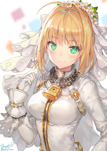 Anime picture 1000x1400 with fate (series) fate/stay night fate/extra fate/extra ccc artoria pendragon (all) saber nero claudius (fate) (all) nero claudius (fate) nero claudius (bride) (fate) momoko (momopoco) single tall image looking at viewer blush fringe short hair breasts blonde hair smile green eyes
