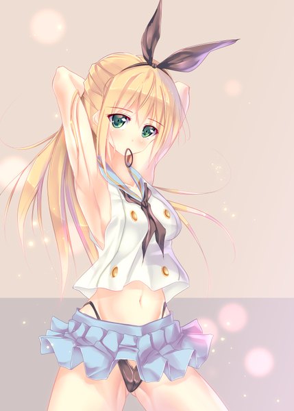 Anime picture 2591x3624 with kantai collection shimakaze destroyer fukuda shuushi single long hair tall image blush highres light erotic blonde hair holding green eyes mouth hold girl underwear panties bow hair bow miniskirt sailor suit