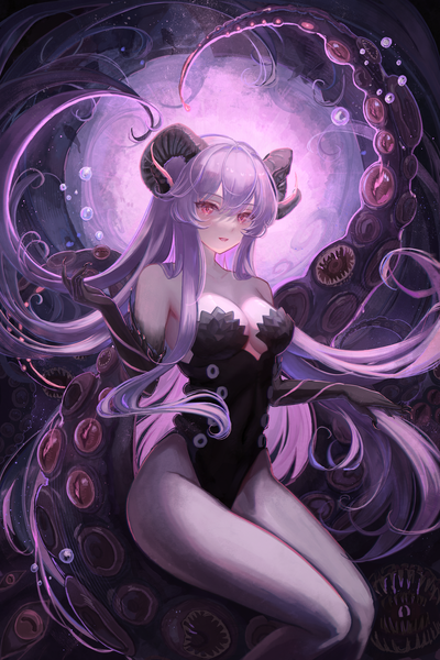 Anime picture 4000x6000 with original heichanart single tall image looking at viewer fringe highres breasts light erotic hair between eyes large breasts sitting absurdres cleavage purple hair very long hair pink eyes horn (horns) fingernails light smile