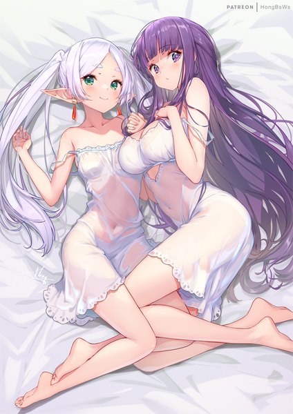 Anime picture 778x1100 with sousou no frieren frieren fern (sousou no frieren) hong (white spider) long hair tall image fringe light erotic smile purple eyes twintails multiple girls green eyes silver hair purple hair full body blunt bangs barefoot pointy ears bare legs