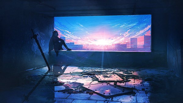 Anime-Bild 1920x1080 mit arknights skadi (arknights) lifeline single long hair highres wide image sitting sky full body indoors long sleeves from behind sunlight city evening reflection sunset cityscape scenic