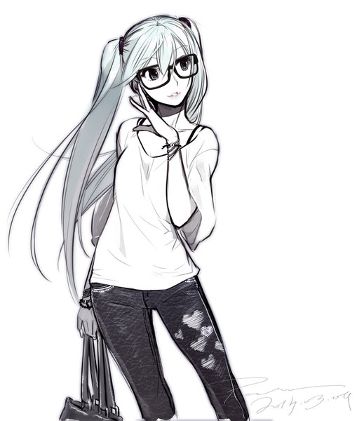 Anime picture 1280x1479 with vocaloid hatsune miku poaro single long hair tall image simple background white background twintails signed looking away parted lips grey hair grey eyes girl glasses bracelet pants blouse jeans