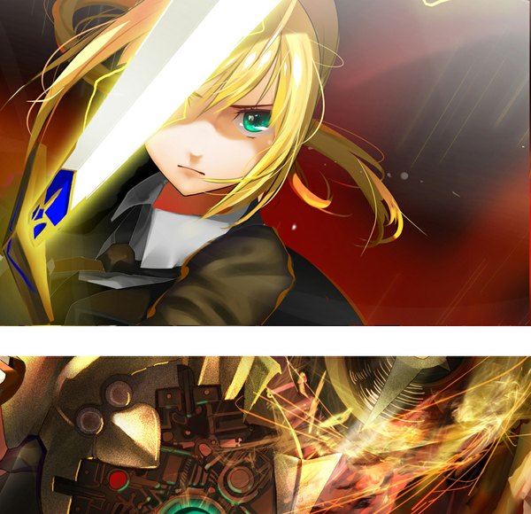 Anime picture 1137x1100 with fate (series) fate/stay night fate/zero studio deen type-moon artoria pendragon (all) saber cao xiong (tlb12121) long hair looking at viewer fringe blonde hair holding green eyes ponytail close-up girl weapon sword suit