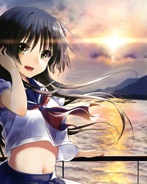 Anime picture 800x1000 with to aru kagaku no railgun j.c. staff saten ruiko kawakami masaki single long hair tall image looking at viewer open mouth black hair green eyes hair flower wind bare belly hand on head river girl skirt navel uniform