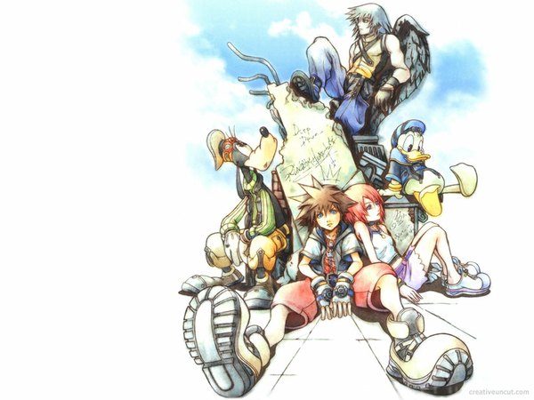 Anime picture 1024x768 with kingdom hearts square enix disney tagme (character) sora kairi (kingdom hearts) riku (kingdom hearts) goofy donald duck short hair brown hair white background red hair group gloves animal wings shorts fingerless gloves cap