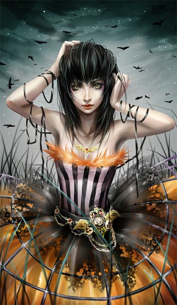 Anime picture 510x876 with original j.lili single long hair tall image looking at viewer fringe breasts black hair bare shoulders yellow eyes sky lips sleeveless eyebrows girl animal bird (birds) star (stars)