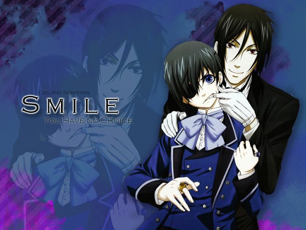 Anime picture 1024x768 with kuroshitsuji a-1 pictures sebastian michaelis ciel phantomhive looking at viewer short hair blue eyes black hair smile red eyes inscription multiple boys zoom layer boy gloves necktie bowtie 2 boys ring eyepatch