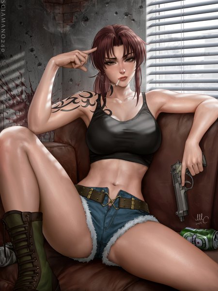 Anime picture 2250x3000 with black lagoon madhouse revy (black lagoon) sciamano240 single long hair tall image looking at viewer highres breasts light erotic brown hair large breasts sitting bare shoulders holding brown eyes signed cleavage indoors