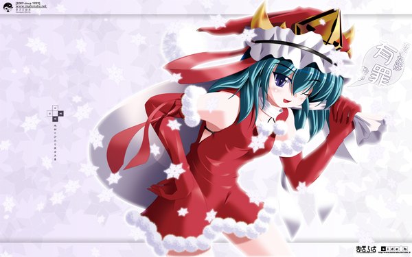 Anime picture 1920x1200 with touhou shikieiki yamaxanadu side b single highres wide image standing purple eyes blue hair one eye closed wink fur trim girl gloves elbow gloves fur snowflake (snowflakes) santa claus costume pom pom (clothes)