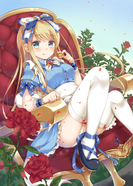 Anime picture 715x1000 with original emori miku project emu alice emilion single long hair tall image looking at viewer blush blue eyes light erotic blonde hair girl thighhighs dress flower (flowers) bow hair bow petals white thighhighs