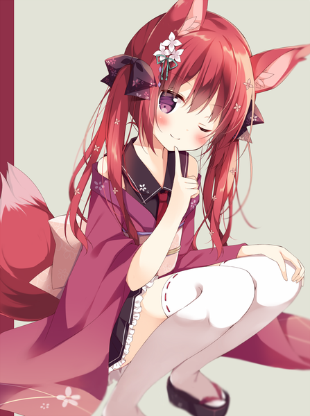 Anime picture 1200x1609 with original hoshi (snacherubi) single long hair tall image looking at viewer blush fringe simple background smile hair between eyes brown hair sitting purple eyes twintails bare shoulders animal ears payot bent knee (knees) tail