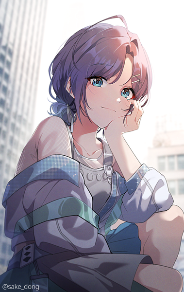 Anime picture 1200x1902 with idolmaster idolmaster shiny colors asakura tooru sake dong single tall image looking at viewer short hair blue eyes sitting signed purple hair ahoge outdoors off shoulder twitter username low ponytail head rest girl bobby pin