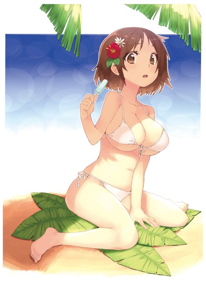 Anime picture 1600x2300 with idolmaster cinderella girls mimura kanako angelo (gomahangetsu) single tall image short hair breasts open mouth light erotic large breasts sitting brown eyes hair flower girl hair ornament swimsuit plant (plants) bikini tree (trees) food