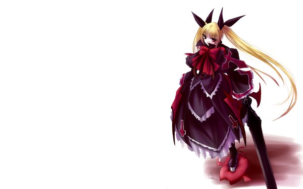 Anime picture 1920x1200 with blazblue rachel alucard single long hair highres simple background blonde hair red eyes wide image white background twintails shadow loli bat wings vampire girl dress bow ribbon (ribbons) weapon