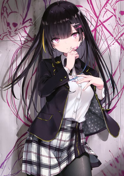 Anime picture 2407x3421 with original nanananana single long hair tall image looking at viewer fringe highres black hair hair between eyes standing blunt bangs head tilt pink eyes scan shadow hand on chest plaid skirt hand to mouth :q