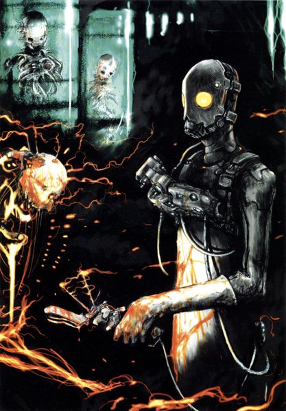 Anime picture 1129x1624 with hellboy (movie) nihei tsutomu single tall image wallpaper glowing dark background glowing eye (eyes) skeleton electricity boy gloves apron mask