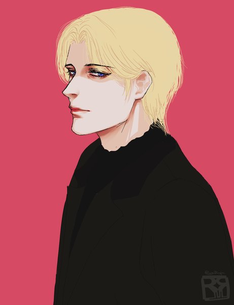 Anime picture 2000x2600 with monster (manga) johan liebert ruzurifu single tall image looking at viewer highres short hair blue eyes blonde hair simple background signed upper body realistic watermark portrait red background boy
