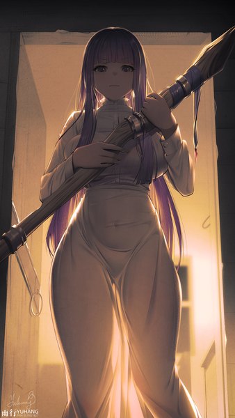 Anime picture 845x1500 with sousou no frieren fern (sousou no frieren) yuxing yuhang single long hair tall image looking at viewer fringe breasts light erotic purple eyes holding signed purple hair indoors blunt bangs long sleeves covered navel backlighting skin tight