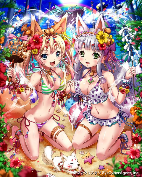 Anime picture 800x1000 with tenkuu no crystalia sakiyamama long hair tall image looking at viewer blush fringe breasts open mouth blue eyes light erotic blonde hair smile hair between eyes large breasts twintails bare shoulders multiple girls holding green eyes