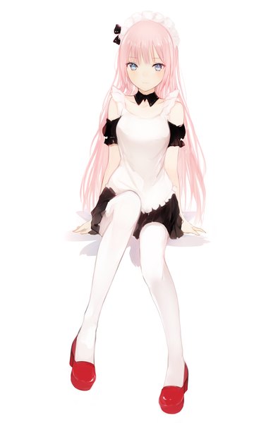 Anime picture 650x988 with original lpip single long hair tall image looking at viewer blush blue eyes simple background white background sitting pink hair full body maid revision girl dress uniform pantyhose shoes
