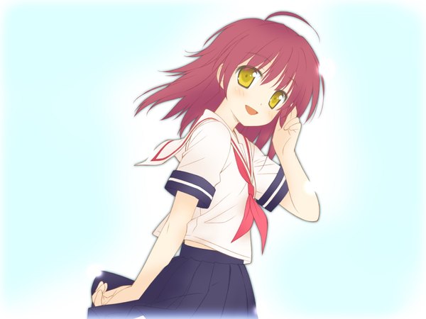 Anime picture 1600x1200 with hoshizora no memoria shida kazuhiro single looking at viewer short hair open mouth yellow eyes game cg red hair girl skirt uniform serafuku