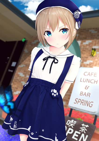 Anime picture 990x1400 with original mito ichijyo single tall image looking at viewer blush fringe short hair blue eyes blonde hair hair between eyes sky cloud (clouds) outdoors blurry inscription depth of field hands behind back sailor collar brick wall