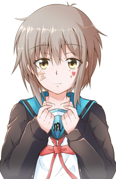 Anime picture 1512x2317 with suzumiya haruhi no yuutsu kyoto animation nagato yuki 627247421 single tall image looking at viewer fringe short hair simple background hair between eyes brown hair white background brown eyes upper body ahoge arms up facial mark portrait expressionless