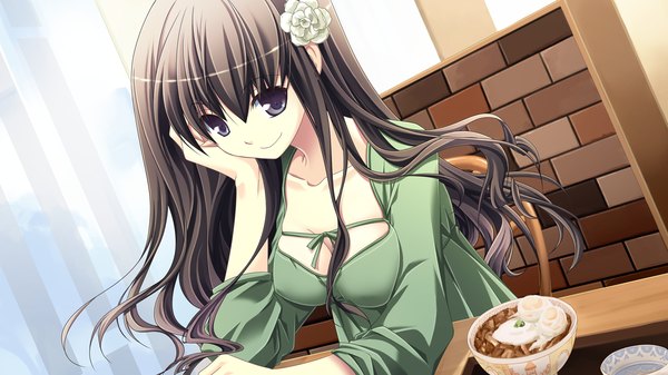 Anime picture 1280x720 with end sleep single long hair looking at viewer black hair smile wide image game cg hair flower black eyes girl dress hair ornament food