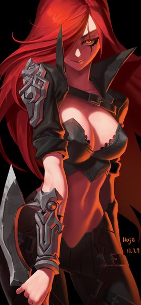 Anime picture 650x1398 with league of legends katarina (league of legends) haje single long hair tall image looking at viewer fringe breasts light erotic simple background smile red eyes large breasts holding signed yellow eyes cleavage hair over one eye bare belly