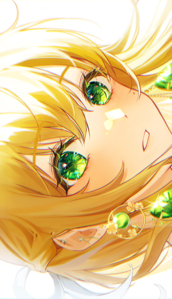 Anime picture 1994x3472 with original youwon0417 single long hair tall image looking at viewer blush fringe highres blonde hair hair between eyes green eyes parted lips mole mole under eye face sideways girl earrings