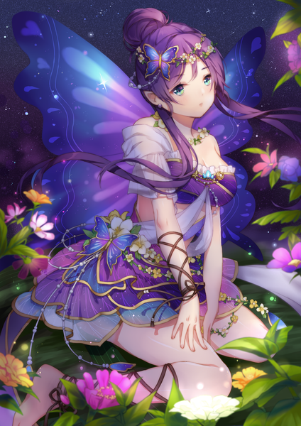 Anime picture 1240x1754 with love live! school idol project sunrise (studio) love live! toujou nozomi cup (artist) single long hair tall image looking at viewer open mouth sitting cleavage purple hair head tilt barefoot aqua eyes wind :o hair bun (hair buns) outstretched arm