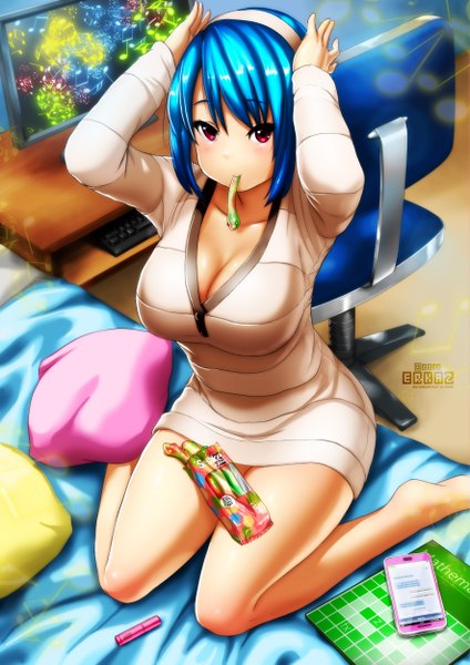 Anime picture 1768x2500 with original rina atherina erkaz tall image highres short hair breasts light erotic red eyes large breasts blue hair girl hairband pillow bed phone monitor