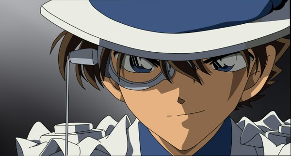 Anime picture 1320x709 with detective conan magic kaito kaito kid kikkusu blue eyes simple background smile brown hair wide image close-up face boy hat monocle