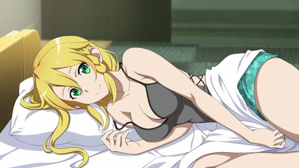 Anime picture 1920x1080 with sword art online sword art online: fatal bullet a-1 pictures leafa single long hair looking at viewer fringe highres breasts light erotic blonde hair smile hair between eyes wide image large breasts green eyes payot game cg cleavage