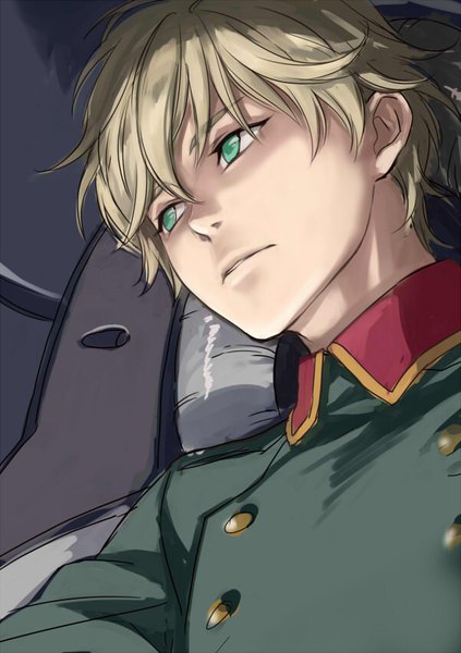 Anime picture 600x851 with aldnoah.zero a-1 pictures slaine troyard shan2000 single tall image fringe short hair blonde hair hair between eyes green eyes looking away upper body parted lips head tilt shaded face boy uniform military uniform