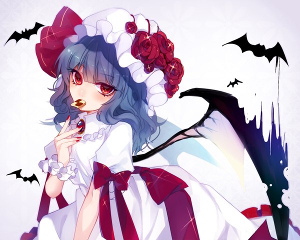 Anime picture 1500x1200 with touhou remilia scarlet renkarua single long hair looking at viewer blush fringe simple background red eyes white background blue hair nail polish head tilt fingernails sparkle shadow puffy sleeves eating bat wings