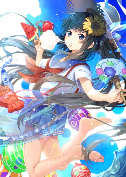 Anime picture 600x840 with original niichi (komorebi-palette) single tall image blush blue eyes black hair twintails sky cloud (clouds) bent knee (knees) very long hair pleated skirt looking back barefoot hair flower eating jumping girl skirt