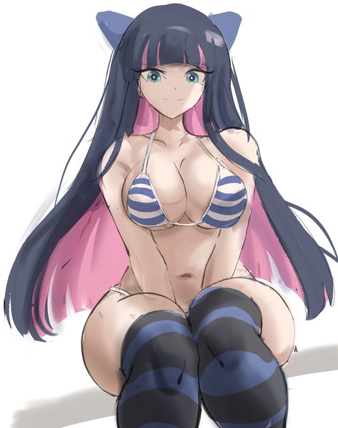 Anime picture 1613x2048 with panty & stocking with garterbelt anarchy stocking rakeemspoon single long hair tall image looking at viewer fringe breasts blue eyes light erotic black hair simple background smile large breasts white background sitting pink hair blunt bangs multicolored hair