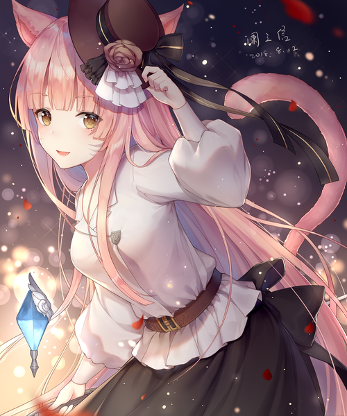 Anime picture 1358x1631 with final fantasy final fantasy xiv square enix miqo'te ayuanlv single long hair tall image looking at viewer blush fringe open mouth smile standing signed animal ears yellow eyes payot pink hair tail