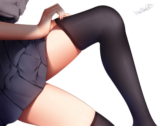 Anime picture 1600x1280 with original wsman single light erotic simple background white background signed pleated skirt thighs close-up head out of frame dressing girl thighhighs skirt black thighhighs
