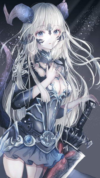 Anime picture 1006x1789 with final fantasy final fantasy xiv square enix au ra dark knight (fft) sakura mochiko single long hair tall image looking at viewer fringe breasts blue eyes simple background standing cleavage silver hair tail nail polish parted lips