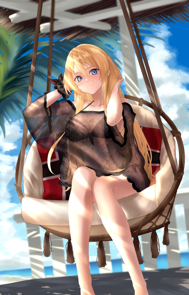 Anime picture 1156x1800 with azur lane bismarck (azur lane) cacaofire single long hair tall image looking at viewer blush fringe breasts blue eyes light erotic blonde hair smile hair between eyes sitting sky cloud (clouds) outdoors sunlight