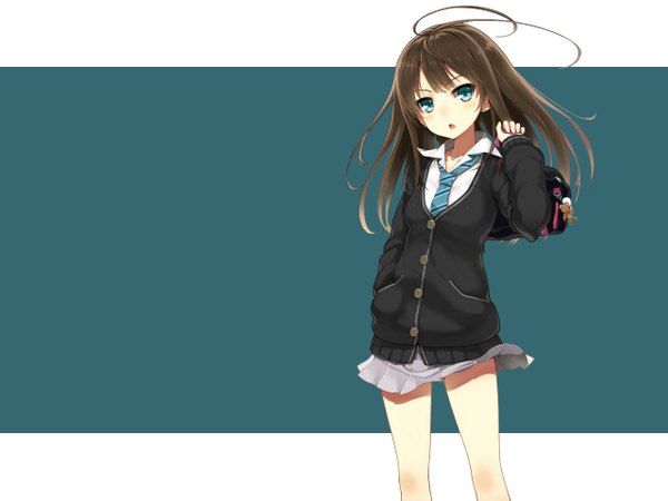 Anime picture 1280x960 with idolmaster idolmaster cinderella girls shibuya rin single long hair looking at viewer blush open mouth brown hair green eyes pleated skirt girl uniform school uniform necktie school bag