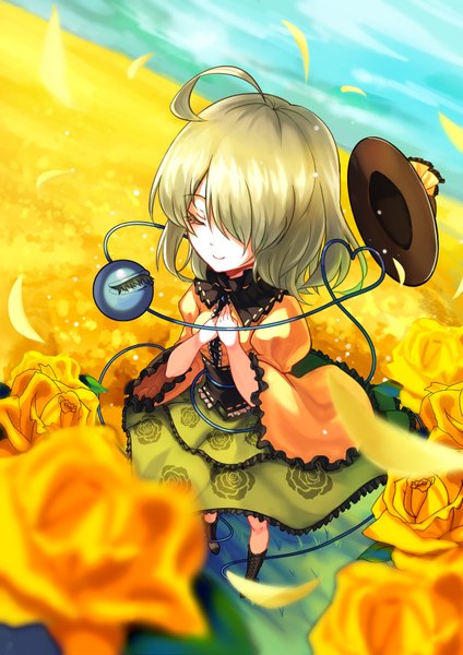 Anime picture 2480x3507 with touhou komeiji koishi koissa single tall image fringe highres short hair standing sky ahoge eyes closed green hair light smile from above wind hair over one eye wide sleeves frilly skirt hat removed